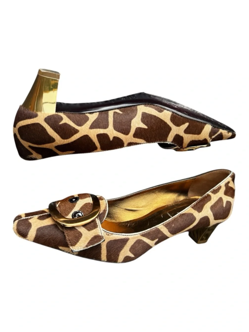 PRADA Calf Hair Giraffe Print Square Toe Kitten Heels Gold Buckle Sz 36.5 US 6.5 - Picture 4 of 15